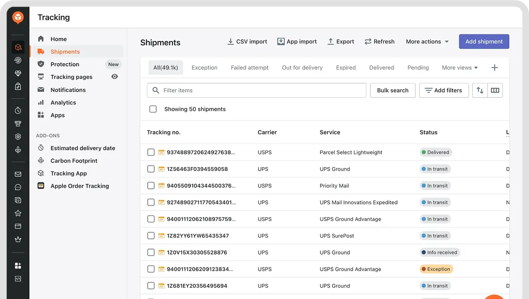 AfterShip Tracking Dashboard — shows all shipments in one view with tracking numbers, carriers, service types, and color-coded statuses